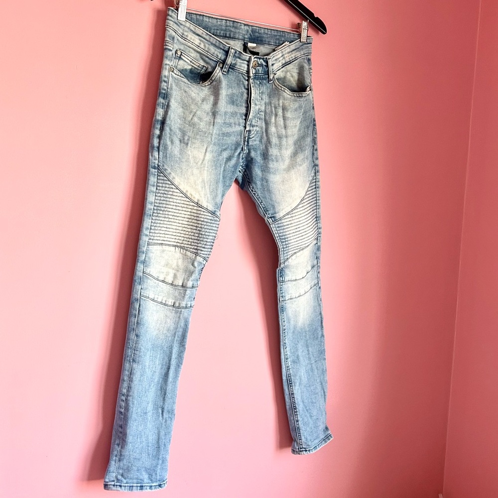 Light Wash Men’s Motorcycle Skinny Jeans